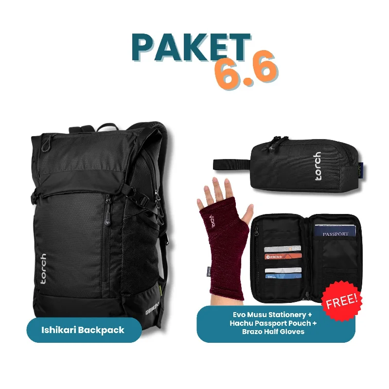 Paket 6.6 - Ishikari Backpack Gratis Evo Musu Stationery + Hachu Passport Pouch Black + Brazo Half Gloves