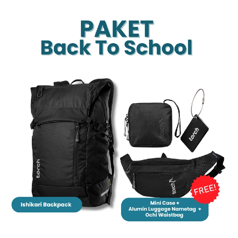 Paket Back To School  - Ishikari Backpack Gratis Mini Case Grey + Alumin Luggage Nametag  + Ochi Waistbag