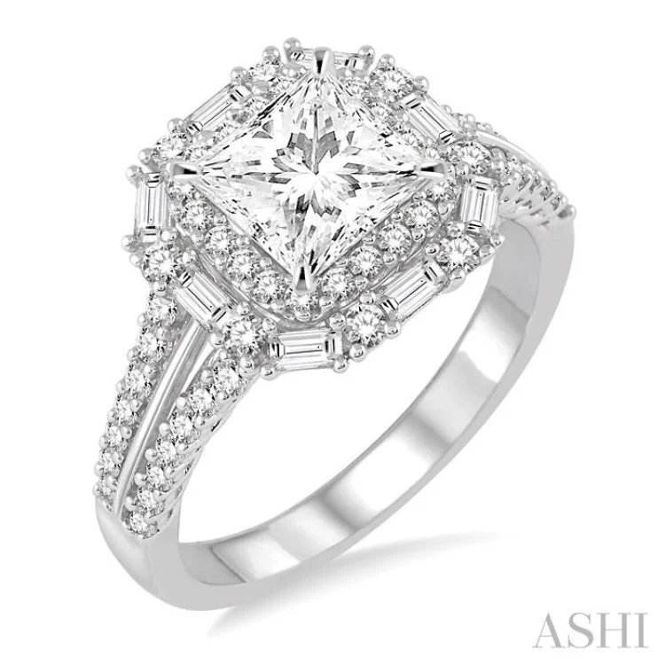 1 1/2 Ctw Diamond Engagement Ring with 3/4 Ct Princess Cut Center Stone in 14K White Gold