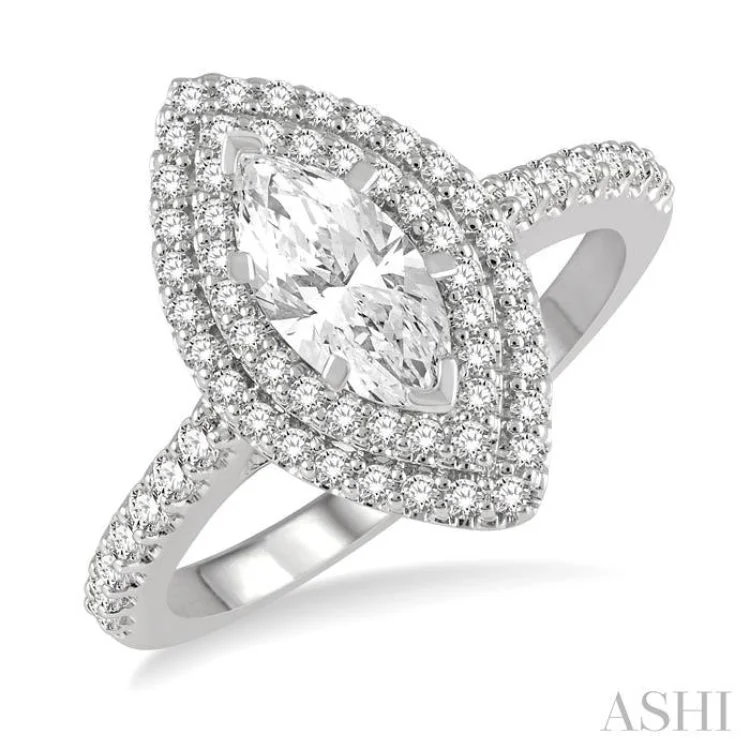 1/2 Ctw Marquise Shape Twin Halo Round Cut Diamond Semi Mount Engagement Ring in 14K White Gold