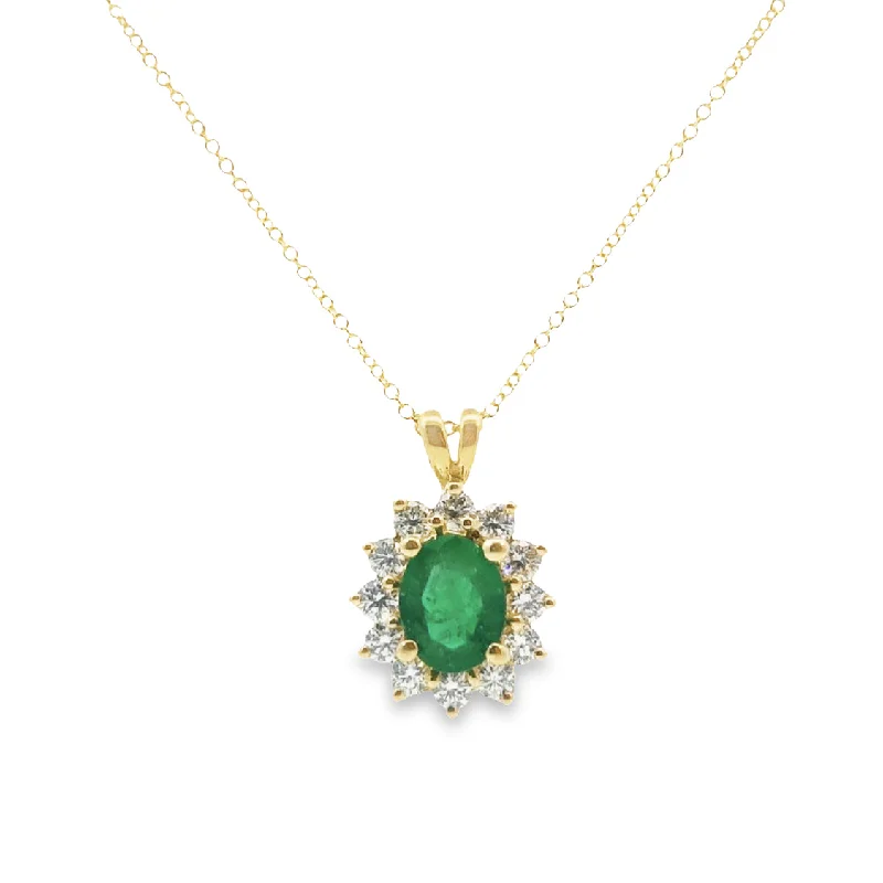 Yellow Gold Emerald and Diamond Halo Pendant