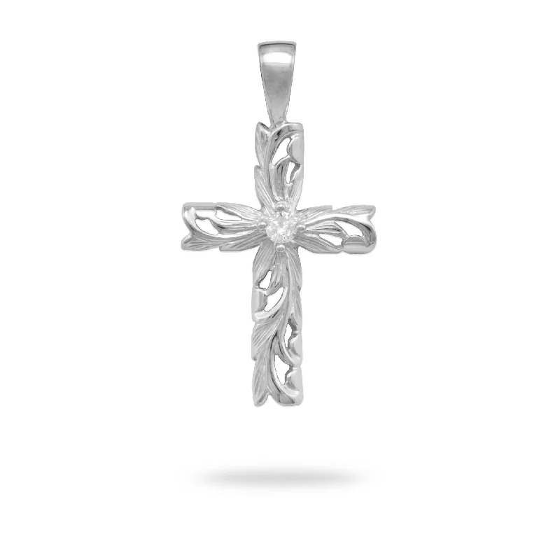 Hawaiian Heirloom Old English Scroll Cross Pendant in White Gold with Diamond - 30mm