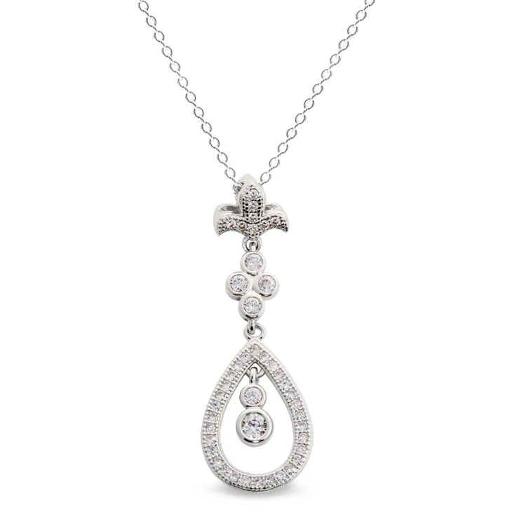 Platinum Finish Sterling Silver Micropave Fleur De Lis Teardrop Drop Pendant with 44 Simulated Diamonds on 18