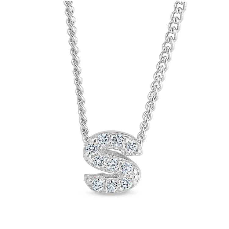 Platinum Finish Sterling Silver Micropave S Initial Pendant with Simulated Diamonds on 18